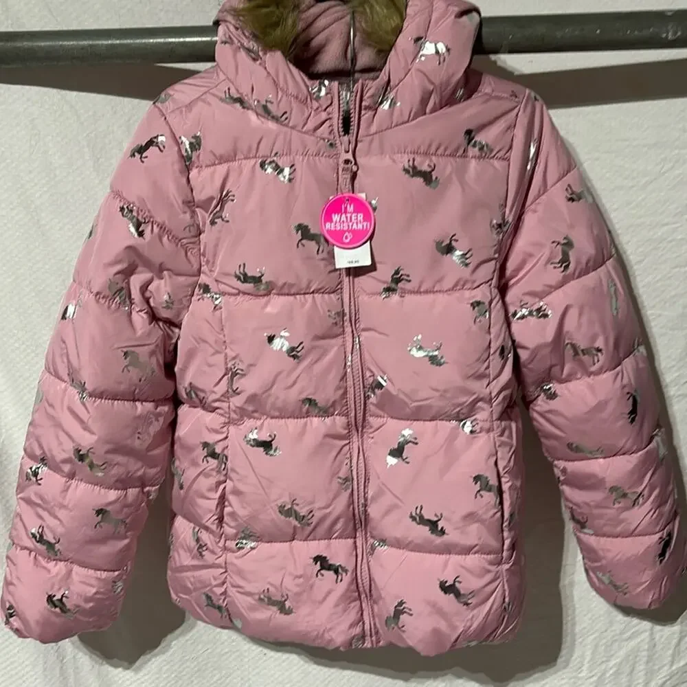 Children place L pink silver unicorn warm puffer coat hood faux fur trim NWT